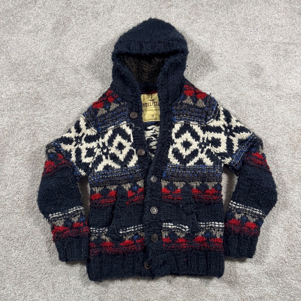 Y2K Hollister Mens Navy Fair Isle Chunky Wool Blend Hooded Cardigan Sweater M